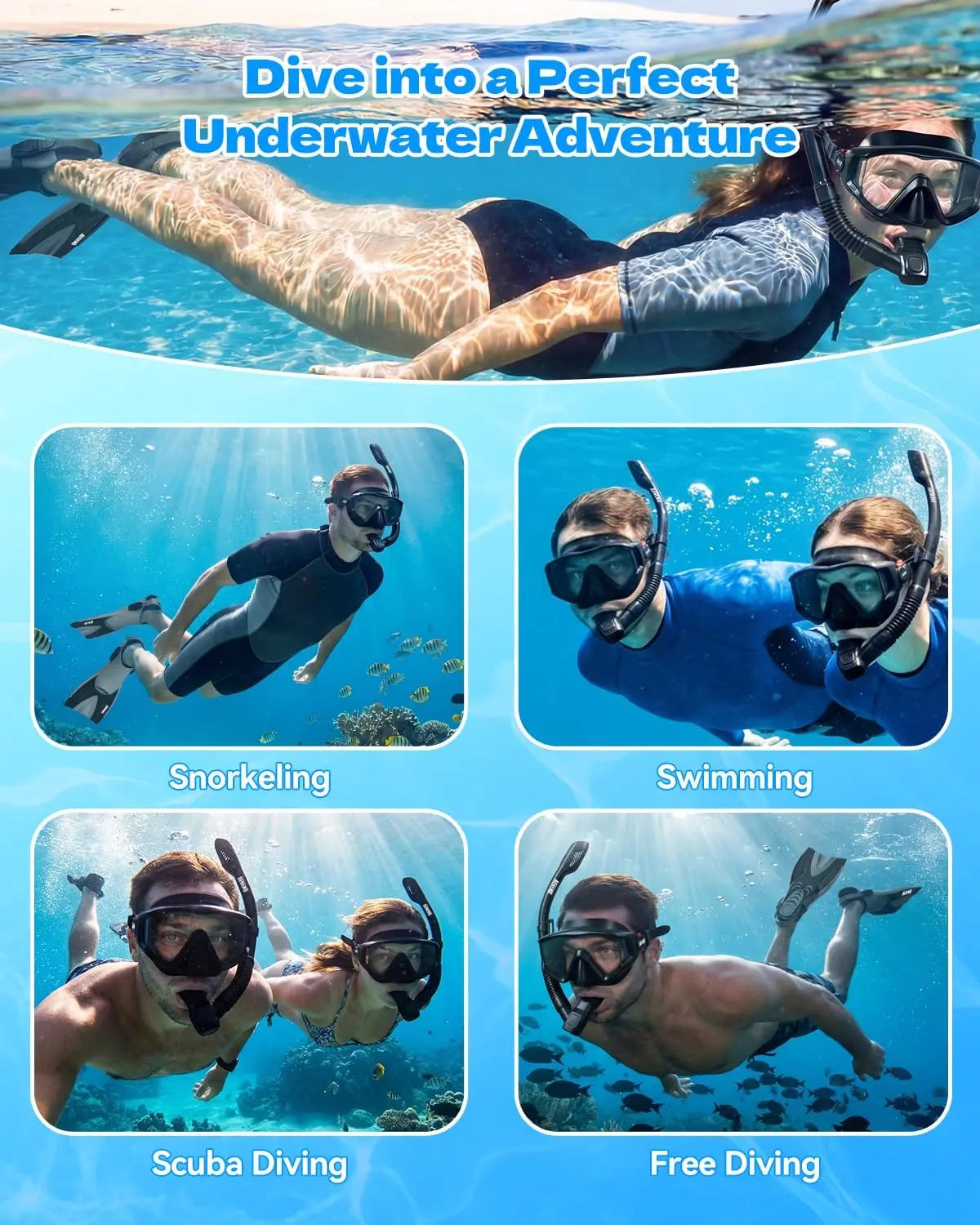 Aegend Professional Snorkeling Gear for Adults: Anti-Fog Panoramic Mask Set with Adjustable Fins and Dry Top Snorkel - Comprehensive Travel Snorkel Set for Swimming, Diving, and Snorkeling