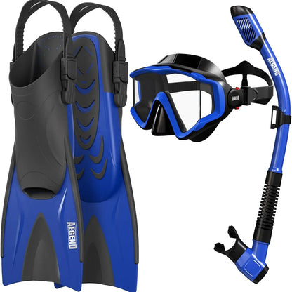 Aegend Professional Snorkeling Gear for Adults: Anti-Fog Panoramic Mask Set with Adjustable Fins and Dry Top Snorkel - Comprehensive Travel Snorkel Set for Swimming, Diving, and Snorkeling
