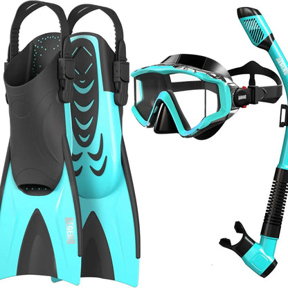 Aegend Professional Snorkeling Gear for Adults: Anti-Fog Panoramic Mask Set with Adjustable Fins and Dry Top Snorkel - Comprehensive Travel Snorkel Set for Swimming, Diving, and Snorkeling