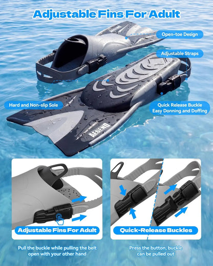 Aegend Professional Snorkeling Gear for Adults: Anti-Fog Panoramic Mask Set with Adjustable Fins and Dry Top Snorkel - Comprehensive Travel Snorkel Set for Swimming, Diving, and Snorkeling