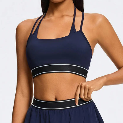 Women Double Parallel Strap Sports Bra, Contrast Waistband Flowy Tennis Skirt 2 Piece Athletic Workout Set