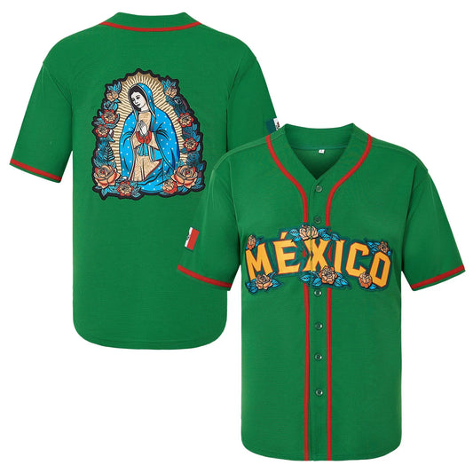 V-Neck Mexico Guadalupe Embroidered Baseball Jersey,Men'S Gift,Button Short Sleeve Sports Jersey,Loose Breathable Soft Comfort,Gift for Game Day