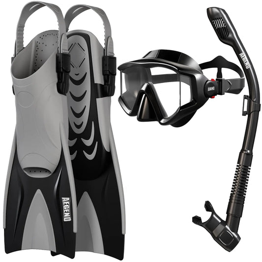 Aegend Professional Snorkeling Gear for Adults: Anti-Fog Panoramic Mask Set with Adjustable Fins and Dry Top Snorkel - Comprehensive Travel Snorkel Set for Swimming, Diving, and Snorkeling