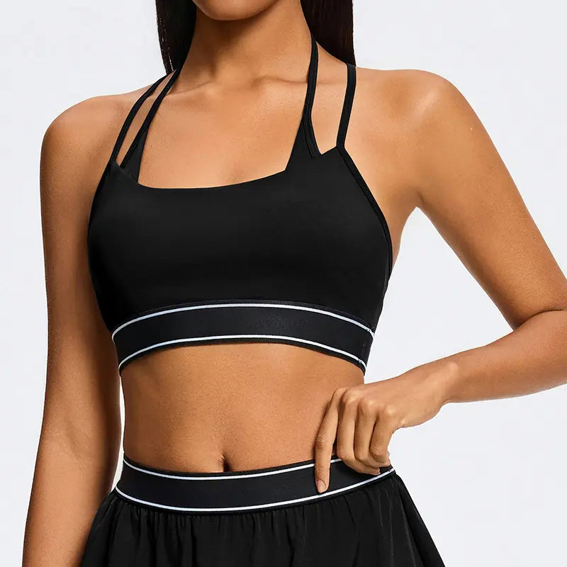 Women Double Parallel Strap Sports Bra, Contrast Waistband Flowy Tennis Skirt 2 Piece Athletic Workout Set
