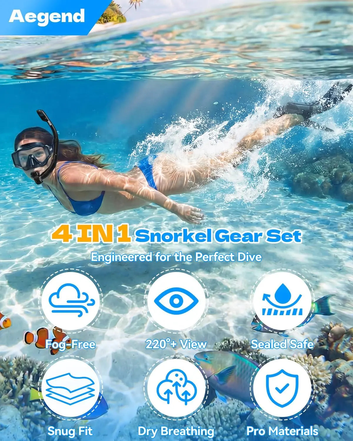 Aegend Professional Snorkeling Gear for Adults: Anti-Fog Panoramic Mask Set with Adjustable Fins and Dry Top Snorkel - Comprehensive Travel Snorkel Set for Swimming, Diving, and Snorkeling