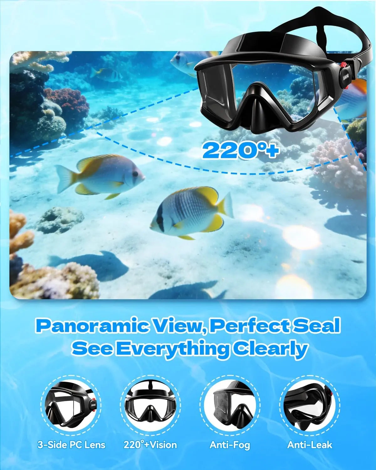 Aegend Professional Snorkeling Gear for Adults: Anti-Fog Panoramic Mask Set with Adjustable Fins and Dry Top Snorkel - Comprehensive Travel Snorkel Set for Swimming, Diving, and Snorkeling