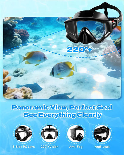 Aegend Professional Snorkeling Gear for Adults: Anti-Fog Panoramic Mask Set with Adjustable Fins and Dry Top Snorkel - Comprehensive Travel Snorkel Set for Swimming, Diving, and Snorkeling