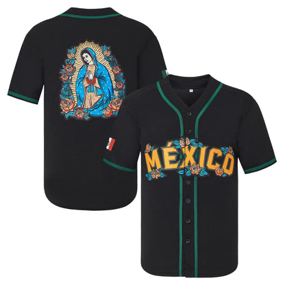 V-Neck Mexico Guadalupe Embroidered Baseball Jersey,Men'S Gift,Button Short Sleeve Sports Jersey,Loose Breathable Soft Comfort,Gift for Game Day