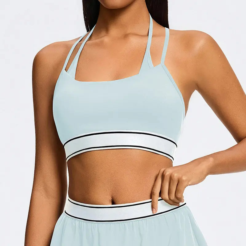 Women Double Parallel Strap Sports Bra, Contrast Waistband Flowy Tennis Skirt 2 Piece Athletic Workout Set