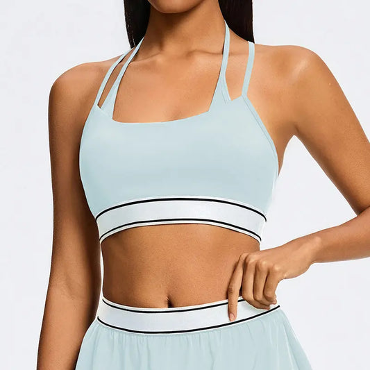 Women Double Parallel Strap Sports Bra, Contrast Waistband Flowy Tennis Skirt 2 Piece Athletic Workout Set